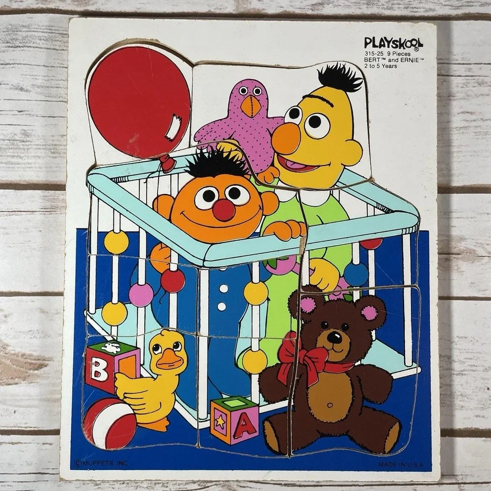 Vintage Playskool Sesame Street Wooden Puzzles Lot Bert Ernie, Big Bird & Snuffy